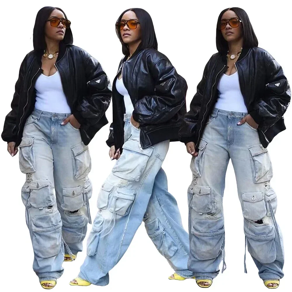 

Women Safari Style Ripped Out Drawstring Hem Elastic Waist Multi Pocke Denim Pants 2023 INS Fashion Cargo Jeans Trousers