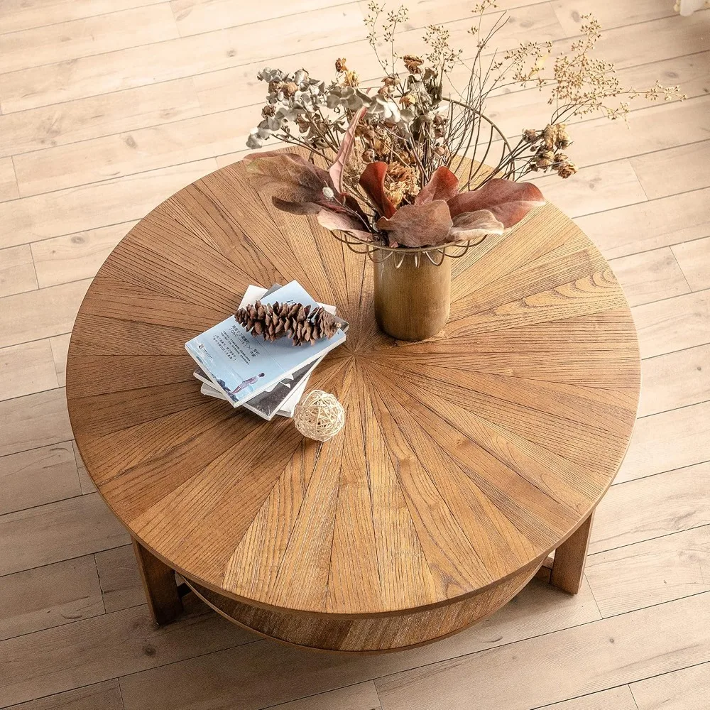 Wood Round Coffee Table for Living Room, 2 Tier Circle Coffee Table with Storage, Rustic Natural Coffee Table for Apartment