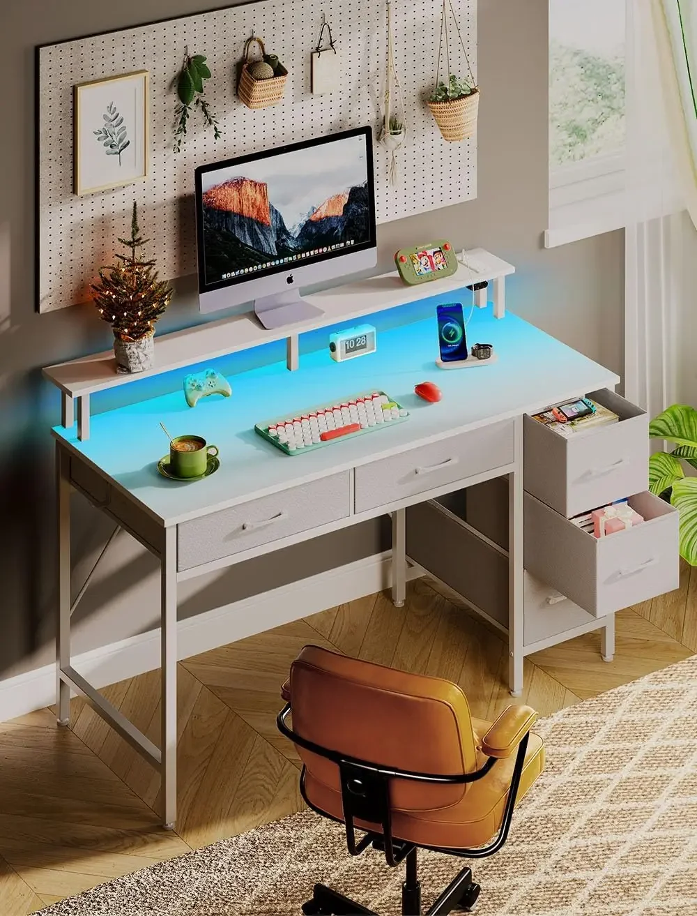 Computer Desk with Power Outlets & LED Light, 47 inch Home Office Desk with 5 Drawers, Writing Desk with Monitor Stand, Work Des