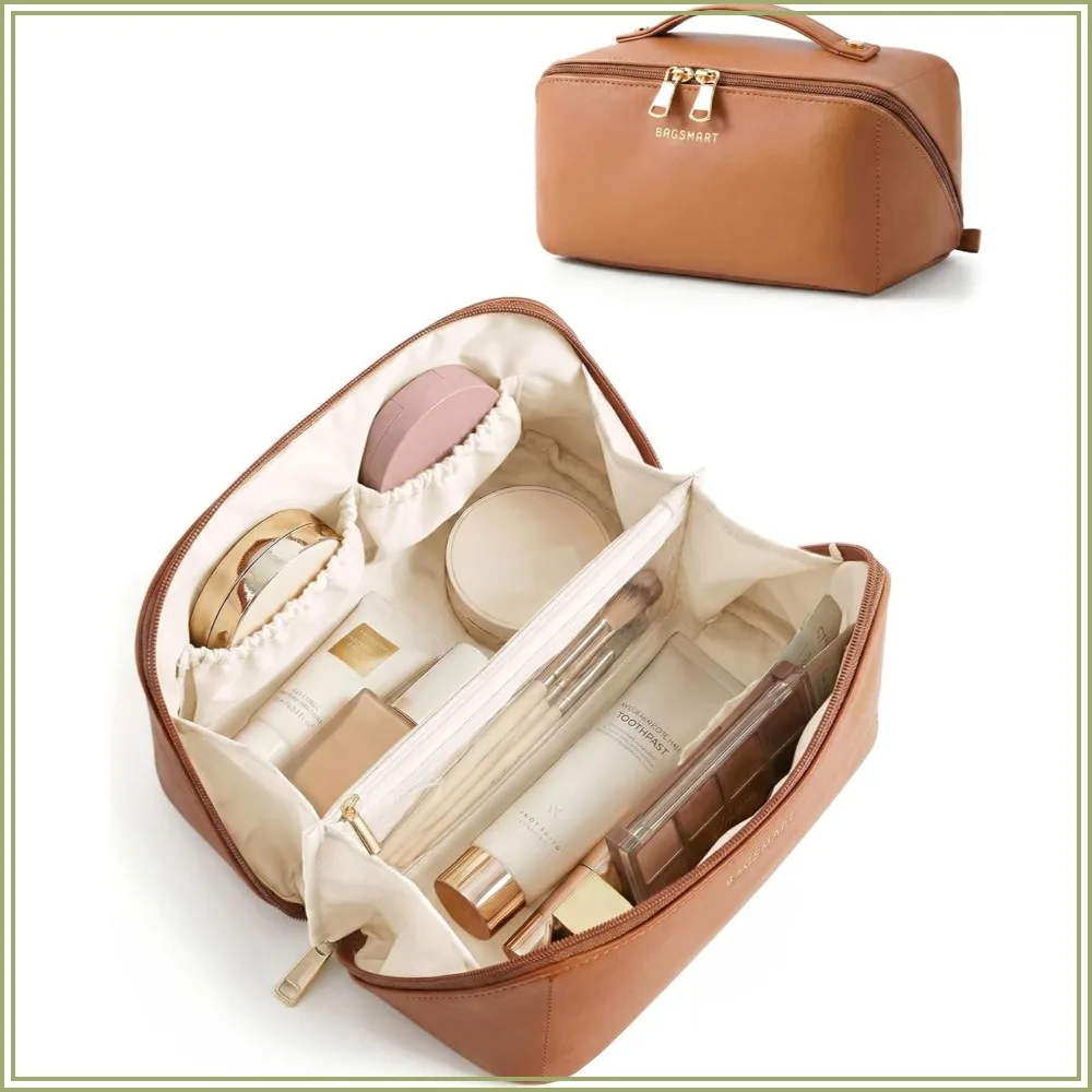 Large Flat Open Toiletry Bag, PU Leather Makeup Travel Organizer for Skincare and Brushes, Classic Brown