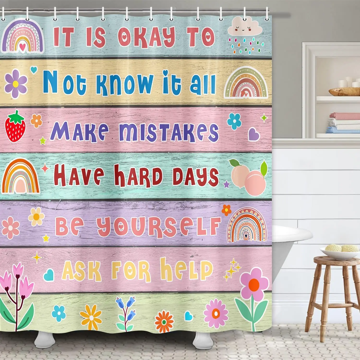 Kids Positive Quote Shower Curtain, Floral Rainbow Wood Plank Print Waterproof Bath Curtain With Hooks For Family Washroom
