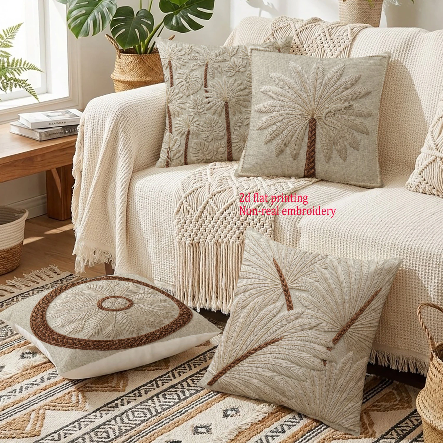 1PC 2D Flat Boho Tropical Palm Leaf Throw Pillow Covers Coastal Neutral Tone Home Decor Cushion Cases for Bedroom No Pillow Core
