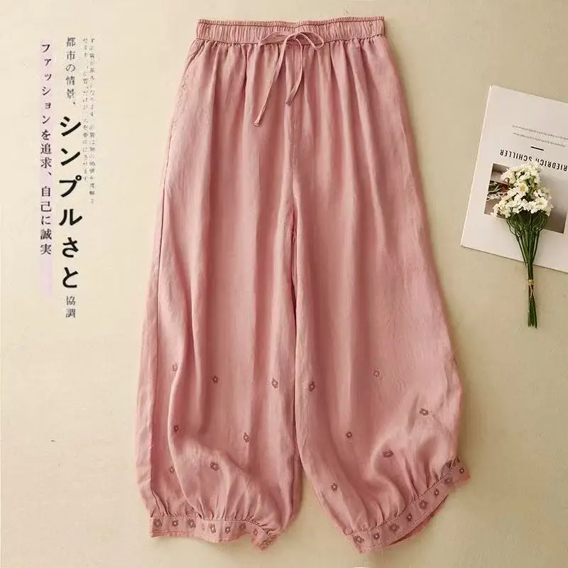 2025年夏新作 レディース カジュアルパンツ レトロ 無地 刺繍入り ウエストゴム ルーズ 九分丈 ランタンパンツ