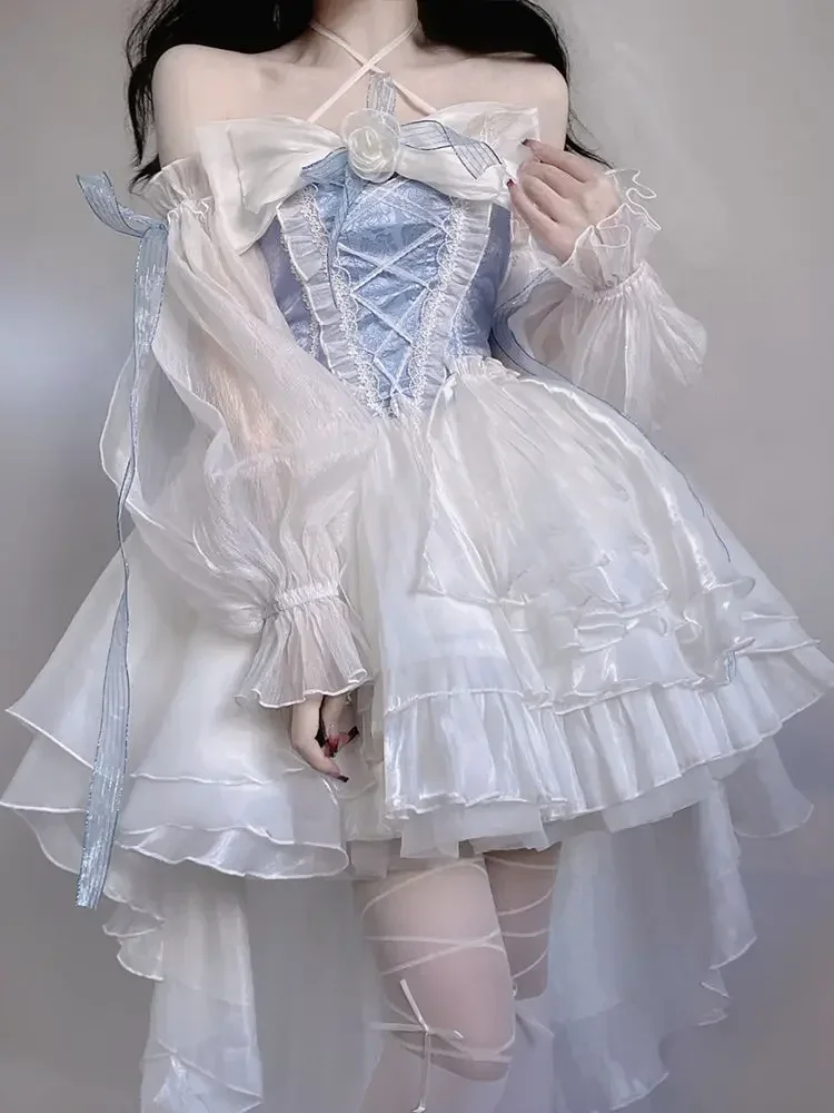 Lolita Op Princesse Manches Bouffantes pour Fille, Robe de Dégradation, Tunique en Maille, Noeud Papillon, Fleur, Ruban, Style Romantique Français, Cosplay Élégant