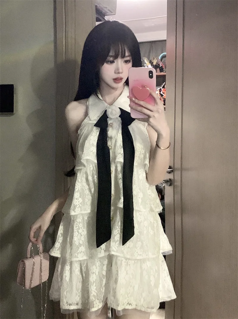 

Temperament Robe Femme Chic White Sweet Dresses Women Turndown Collar Sleeveless Loose Vestidos De Mujer Lace Bow Ruffles Dress