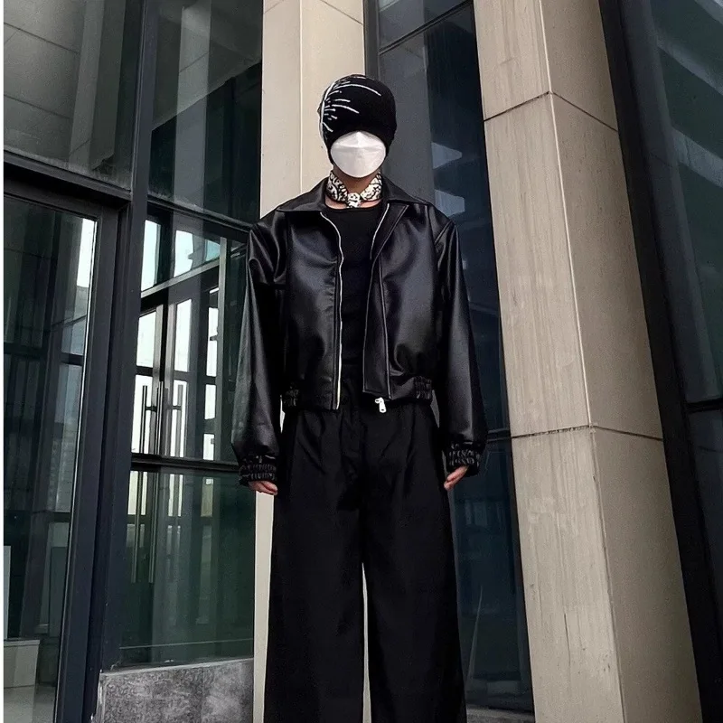 Men Faux Leather Coats PU Solid Jacket Turn Down Collar Long Sleeve Zipper Slight Strech Loose Fit Casual Streetwear 2026 Spring - view 3