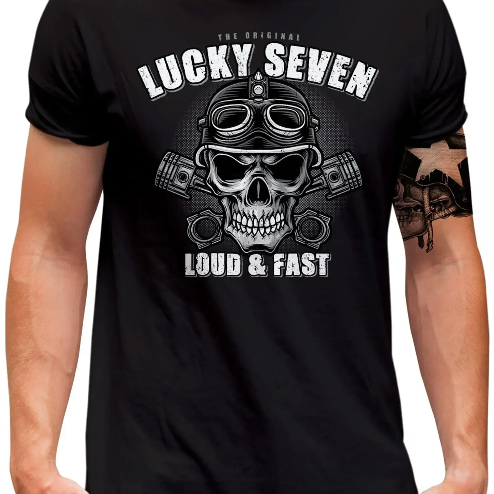 Lucky 7 T Shirt Herren Motorcycle Biker Skull Oldschool Totenkopf Loud n Fast Tuning Garage Schwarz XL vintage Washed