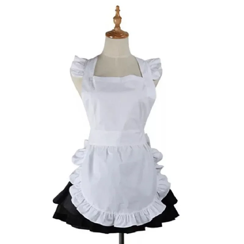 Female White Pink Housewife Maid Cotton Apron Korean Bowknot Cute Halter Pinafore Sweet French Lolita Anime Uniform For Women UY