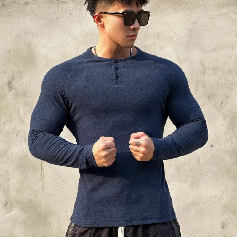 Autumn and winter men's casual sports fitness T-shirt washed with double-sided velvet for warmth and breathability, Henry shirt