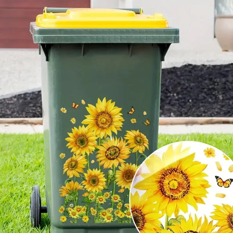 Sunflower Trash Can Stickers Floral Wheel Trash Can Stickers Self-Adhesive Waterproof PVC Decals For Walls Bathroom Home Decor