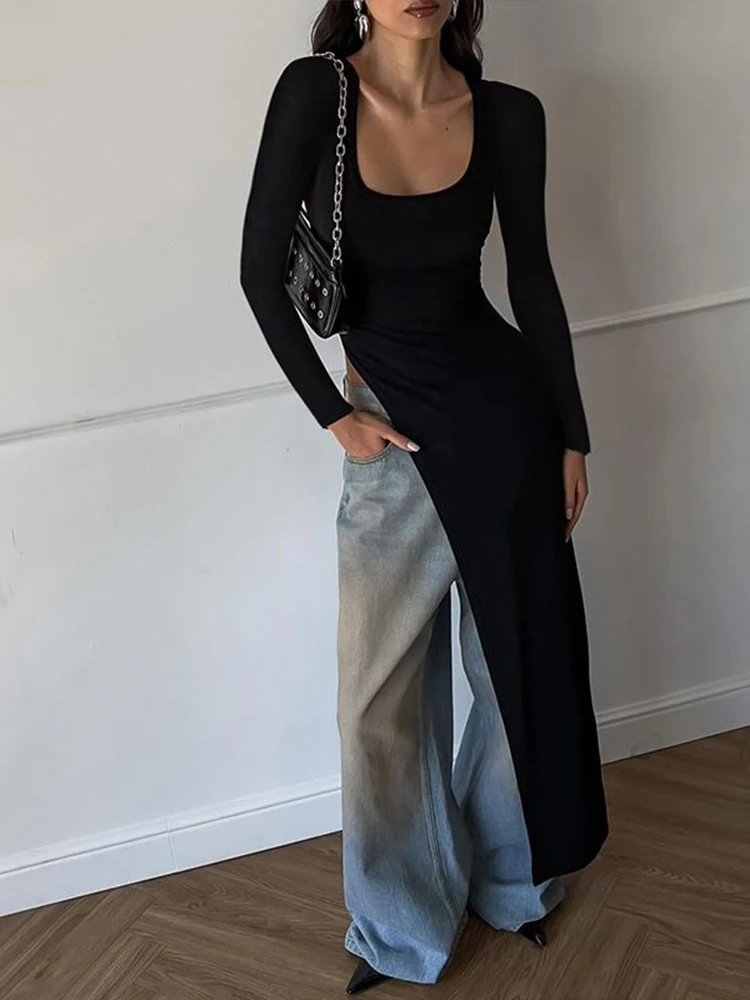 이국적인 미국 스트리트 스타일 쿨하고 매력적인 여성용 U넥 비대칭 밑단 슬림핏 미디 티셔츠 폴리에스터 긴팔