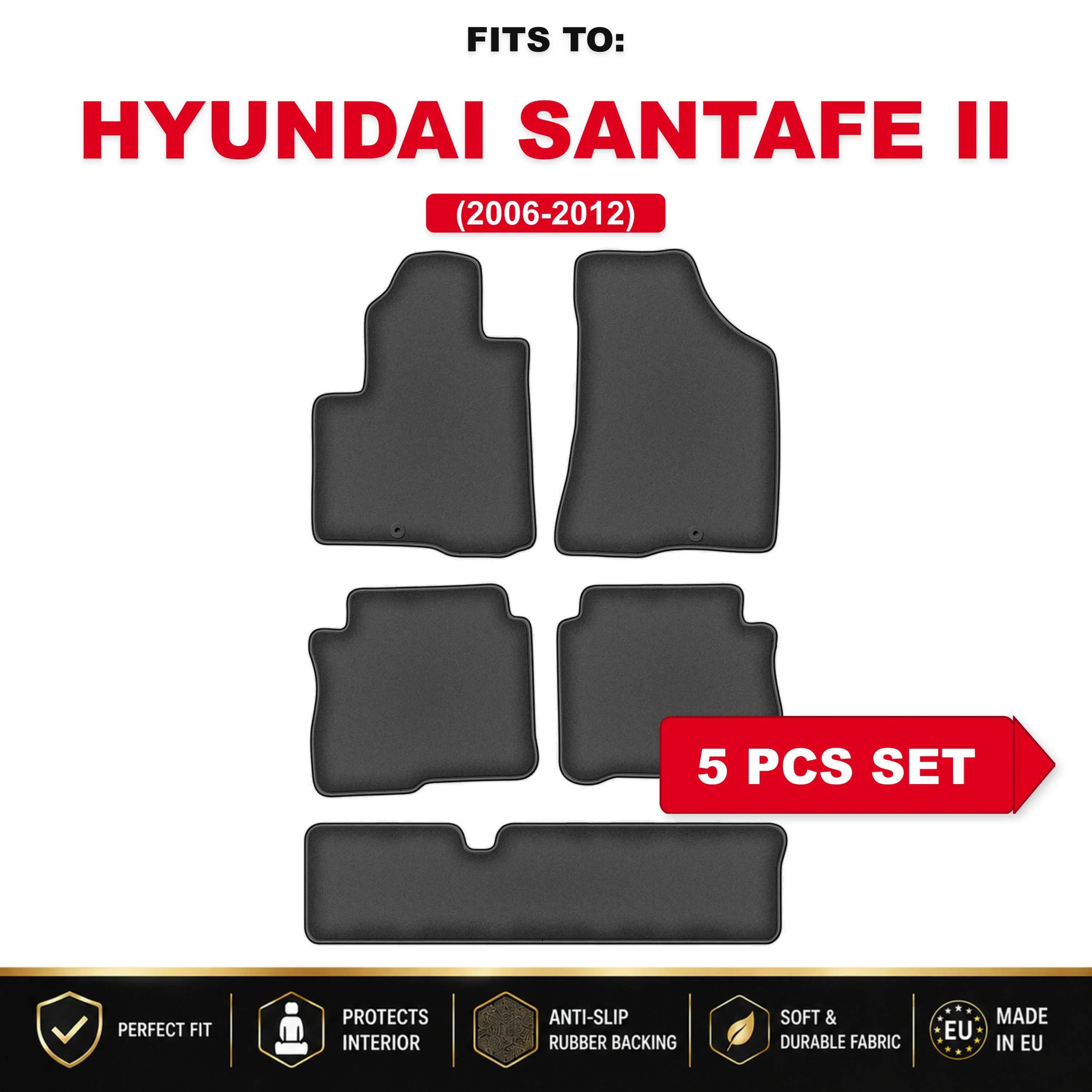 PREMIUM velours autovloermatten voor: Hyundai Santa Fe II 2006–2012, op maat gemaakte automatten, set
