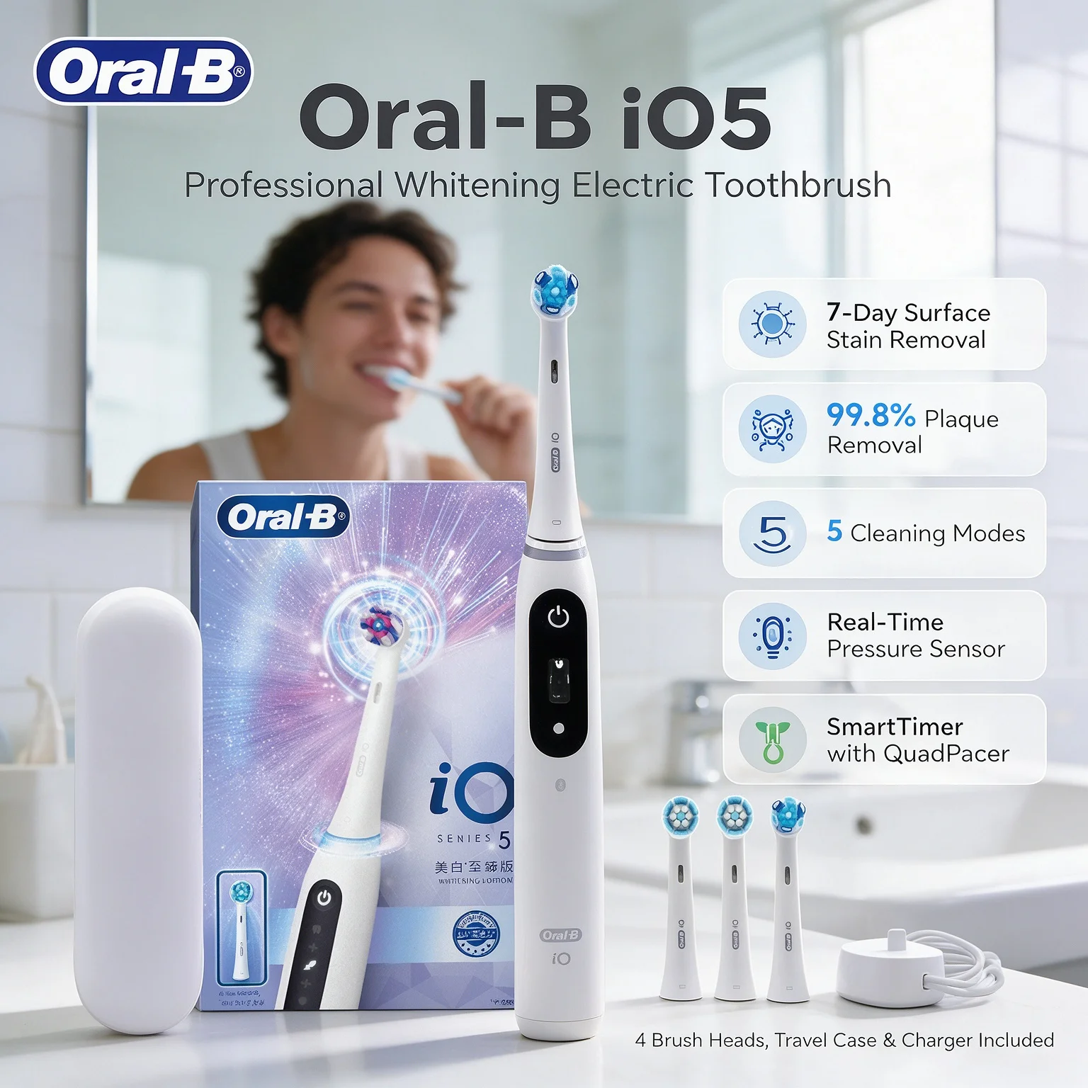 Oral-B iO5 Smart Electric Toothbrush 5 Modes APP Guidance Pressure Indicator Timer with Travel Case 1 Handle 4 Brush Heasd