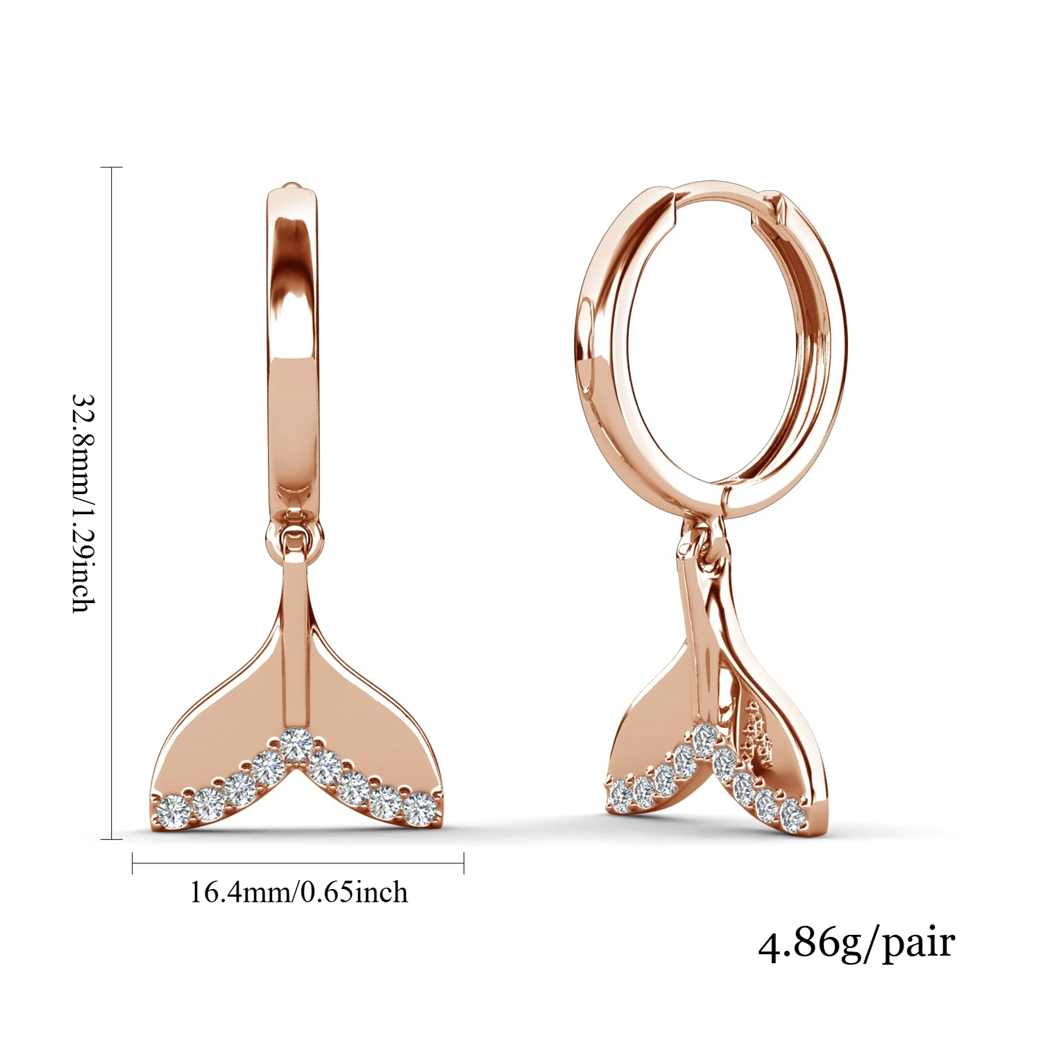 Mermaid Tail Drop Huggie Earrings Embellished with Swarovski Crystals Copper Rose Gold Plated Women Jewelry Beach Gift