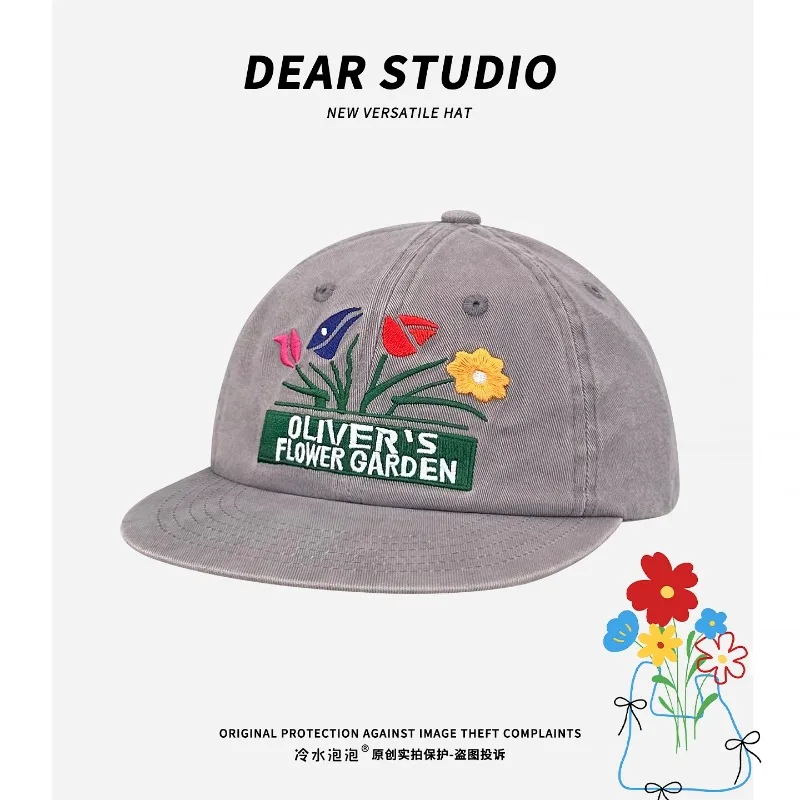

Korean Niche Designer Flower Embroidered Baseball Caps Women Summer Autumn Street Trend Versatile Flat-brimmed Hip-hop Hats Men