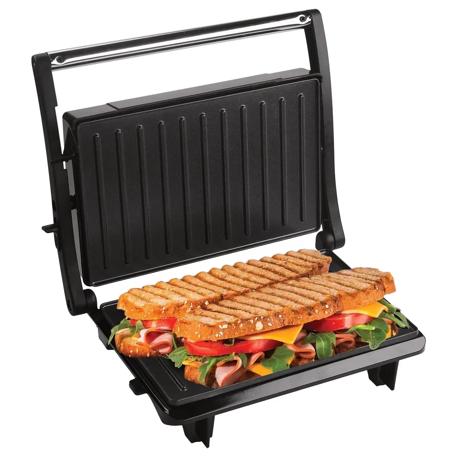 Parrilla de prensa Panini, máquina para hacer sándwiches con placa recubierta antiadherente, parrilla interior eléctrica de acero inoxidable de 2 rebanadas abre 180 °