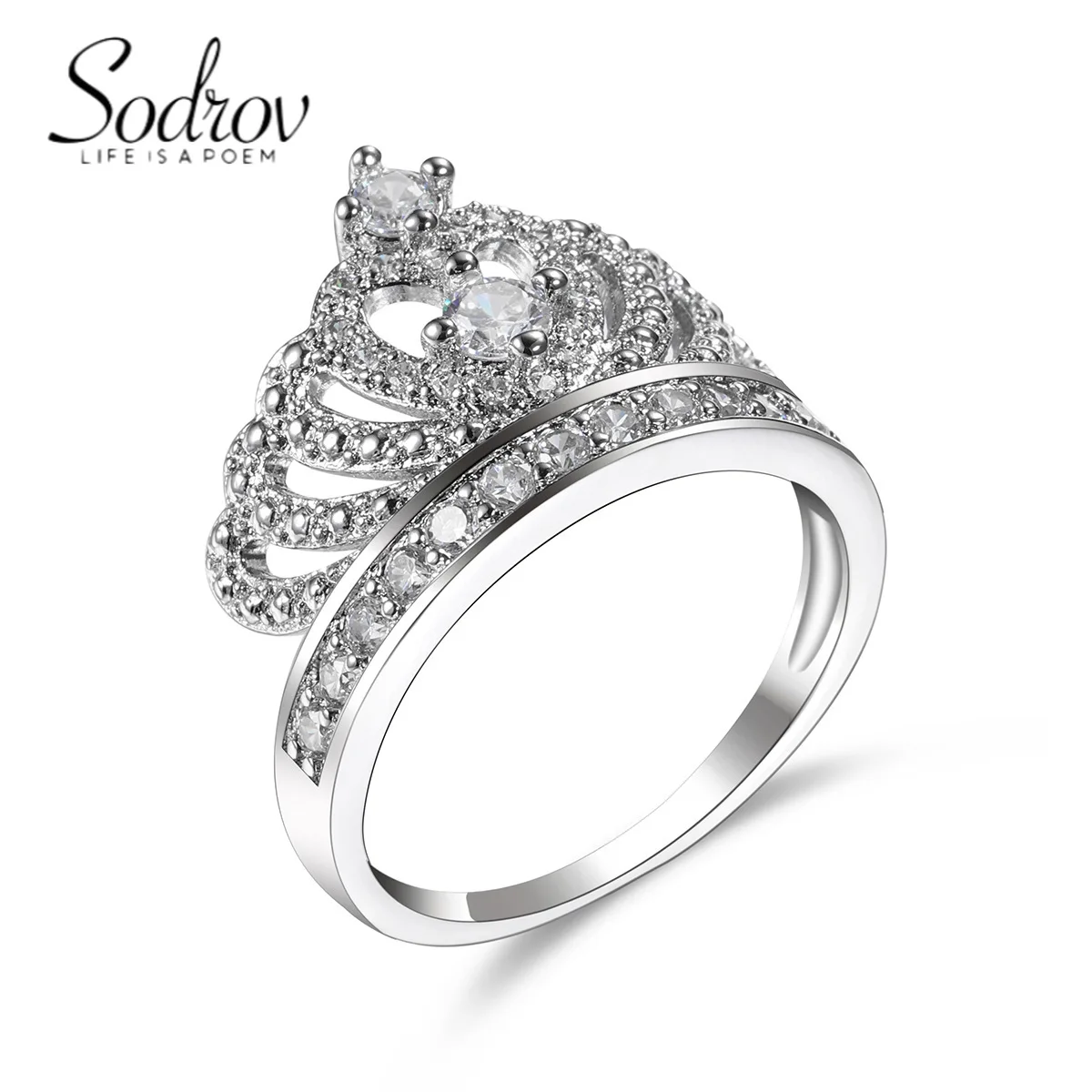 SODROV Luxury Crown Finger Ring Inlaid Shiny Zircon Solitaire Halo Ring For Women Banquet Clothings Decor