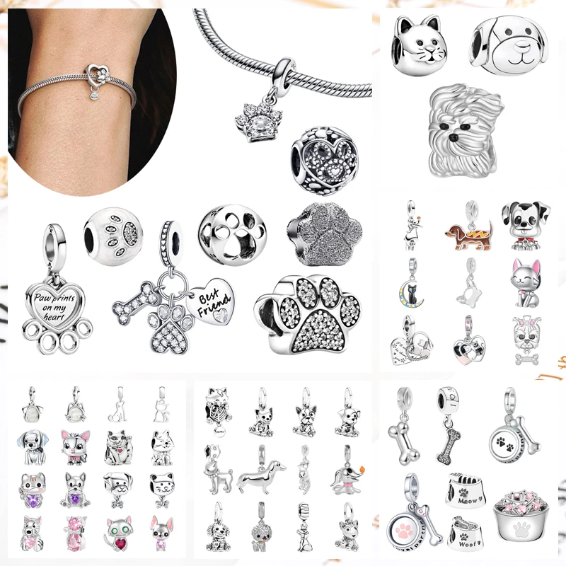 

DIY Jewelry Gifts Sparkling Paw Print Pet Cat & Bow Kitty-Cat Labrador Puppy Dog Charm Beads Fit Original Bracelets Accessories