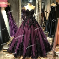 Classic Custom Purple Tulle Black Lace Applique Beading Strapless Evening Prom Dresses Bridal Gowns Full Length Formal W15-44.4