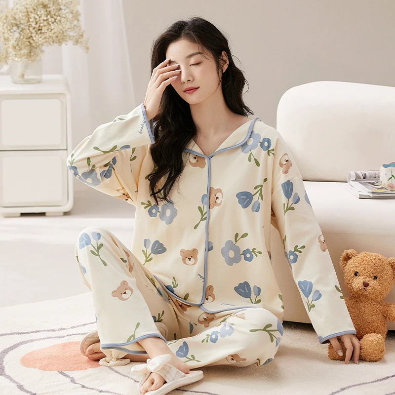 Bear Blue Flower Women Pajamas Set Long Sleeves Long Pants Autumn Winter Cute Kawaii Sleepwear Pyjamas Soft Pijamas Ladies Cozy