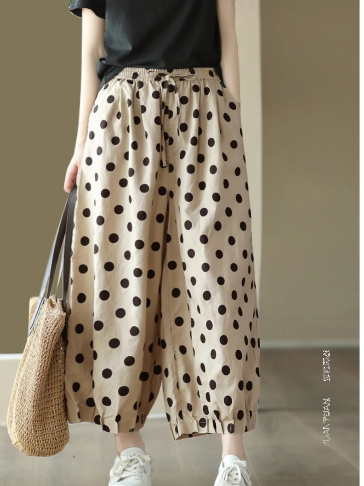 Japanese Sle Polka Dot Wide Leg Pants Women's Small Size Casual Cotton Linen Harlan Nine Point Pants Korean Sle Commute