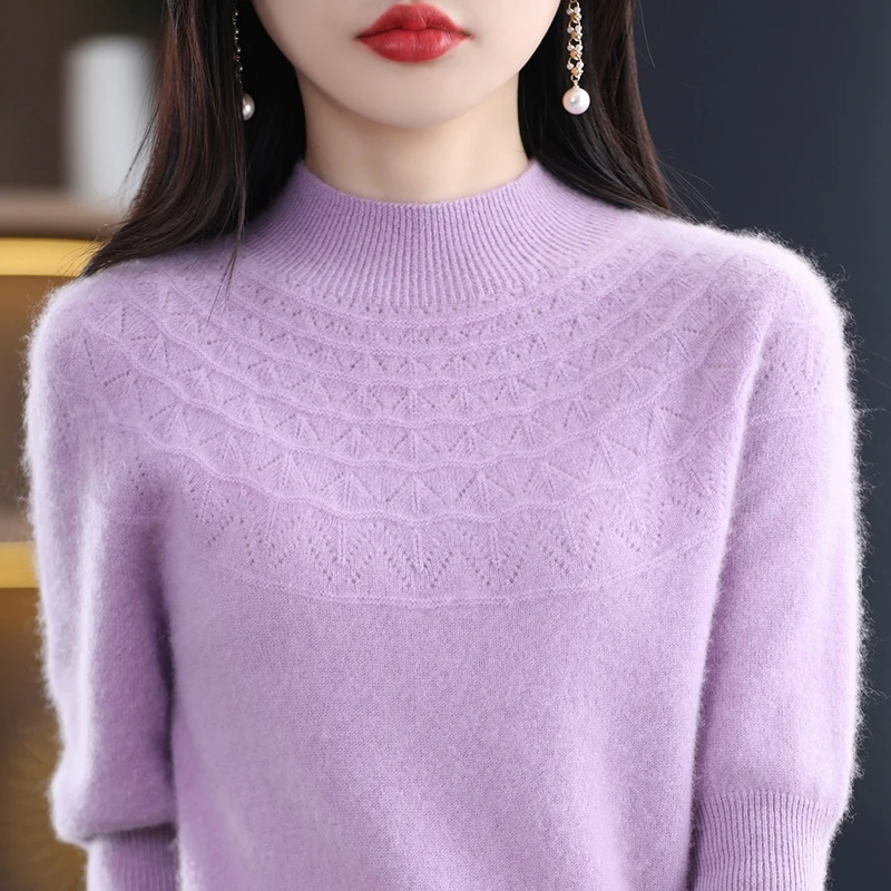 

Front line ready to wear women's half high collar and half sleeve solid color spring/summer pullover with hollowed out sweater