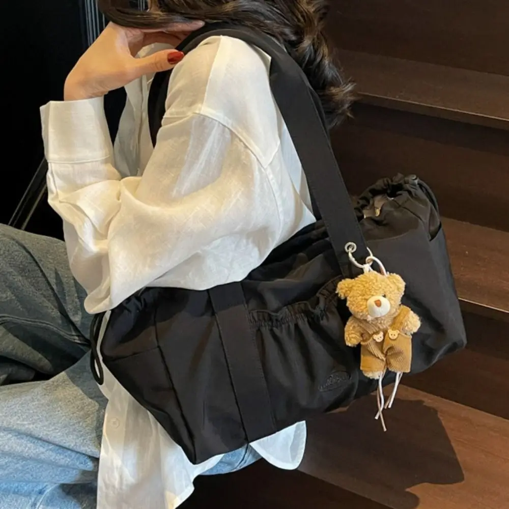 

Sweet Drawstring Tote Bag Large Capacity Pleated Nylon Shoulder Bag Solid Color Minimalist Lightweight Handbag Office Worker