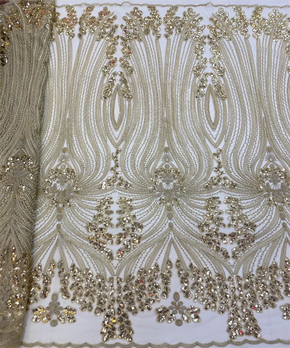 2024Luxury French Mesh Embroidery Beaded Lace Fabric African Nigerian Sequins Lace Fabric For Wedding Dress Sewing Material