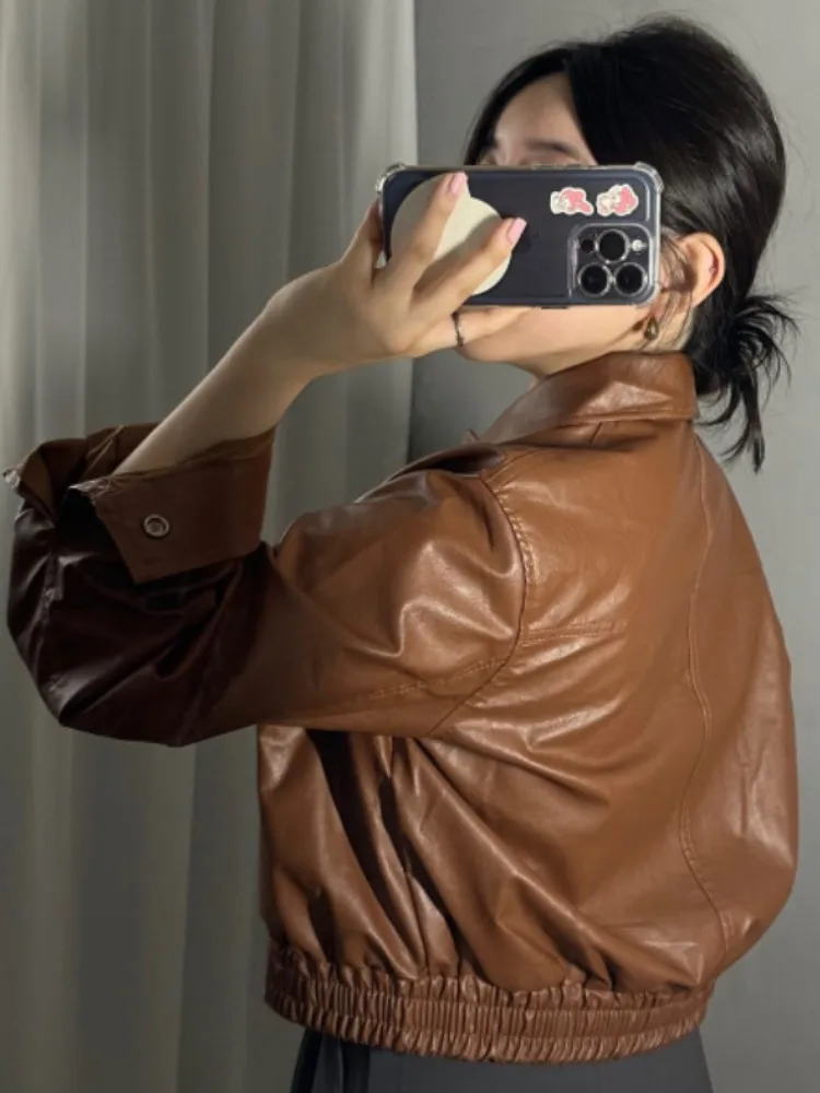 الرجعية هونغ كونغ Sle دراجة نارية Jaet المرأة فضفاضة تناسب سستة بولي معطف معطف جلد شيك الخريف ملابس خارجية طويلة Sve #5