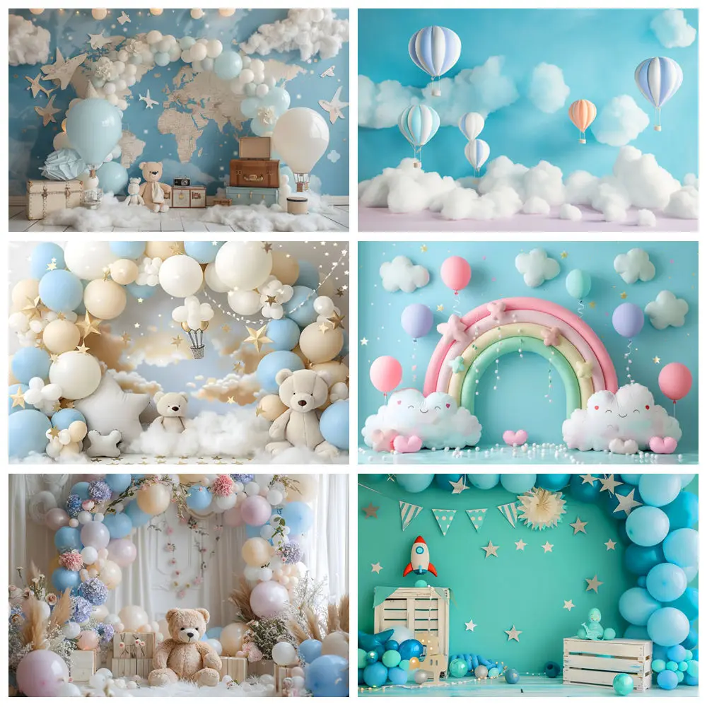 

Newborn Baby 1st Birthday Backdrop For Photography Star Clouds Moon Blue Balloon Bear Baby Birthday Party Photo Background Decor