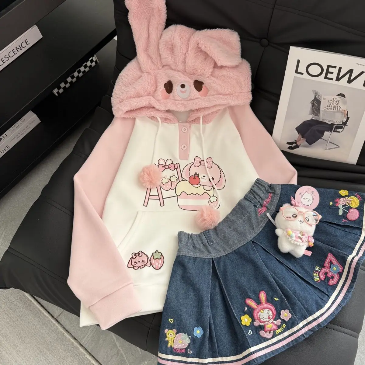 

Japanese Two Piece Sets Womens Outifits Cartoon Rabbit Ears Long Sleeves Hooded Sweatshirt + Elasticity Mp Denim Skirt Jojifuku