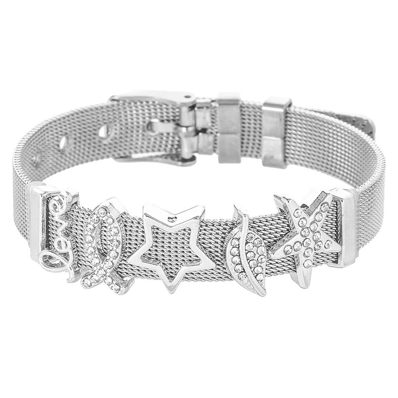10mm Crystal Star Leaf Beads Stainless Steel Mesh Bracelets DIY Charm Keeper Bracelets Bangle For Women Jewelry Gift