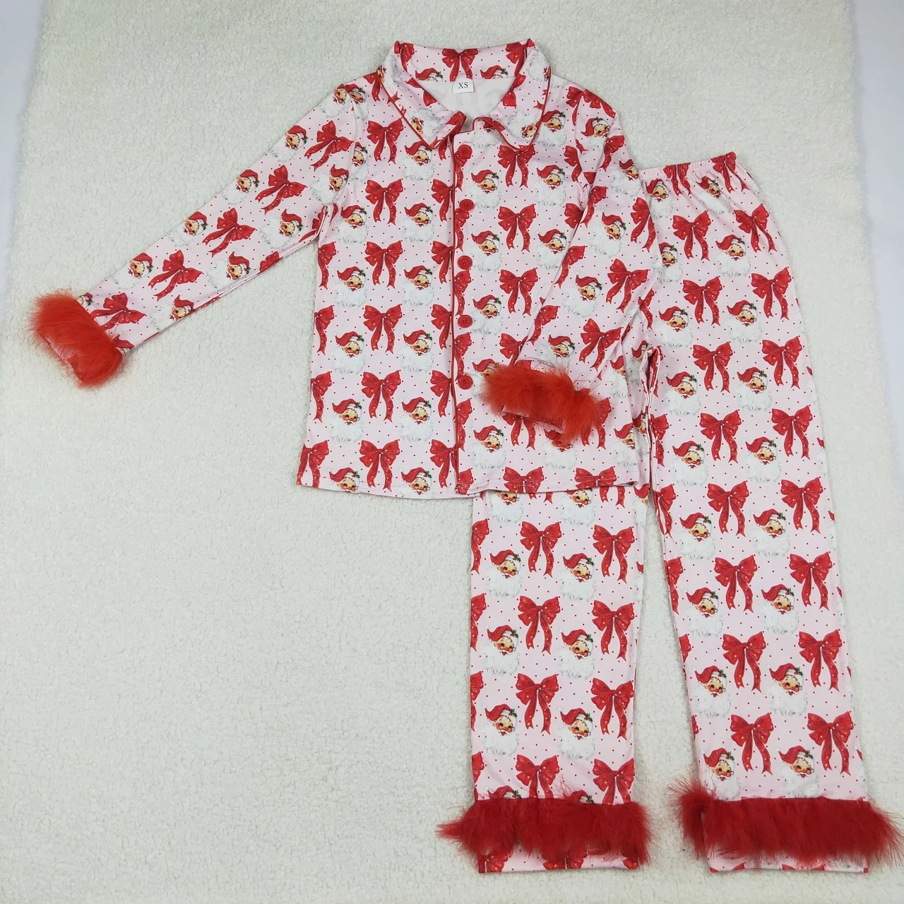 

Wholesale Adult Woman Sleepwear Fur Long Sleeves Button Down Santa Bows Shirt Set Pants Christmas Outfit Women Pajamas Clothing