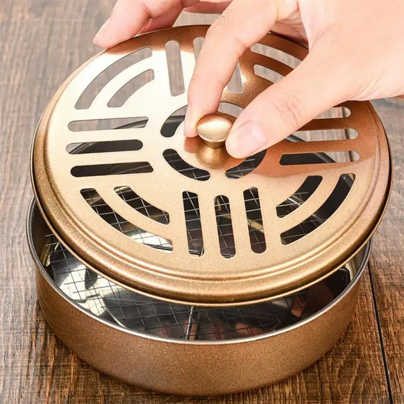 Stainless Steel Chassis Ash Tray With Cover Round Multifunctional Mosquito Coil Holder Sawtooth Mesh Bracket Incense Burner Box