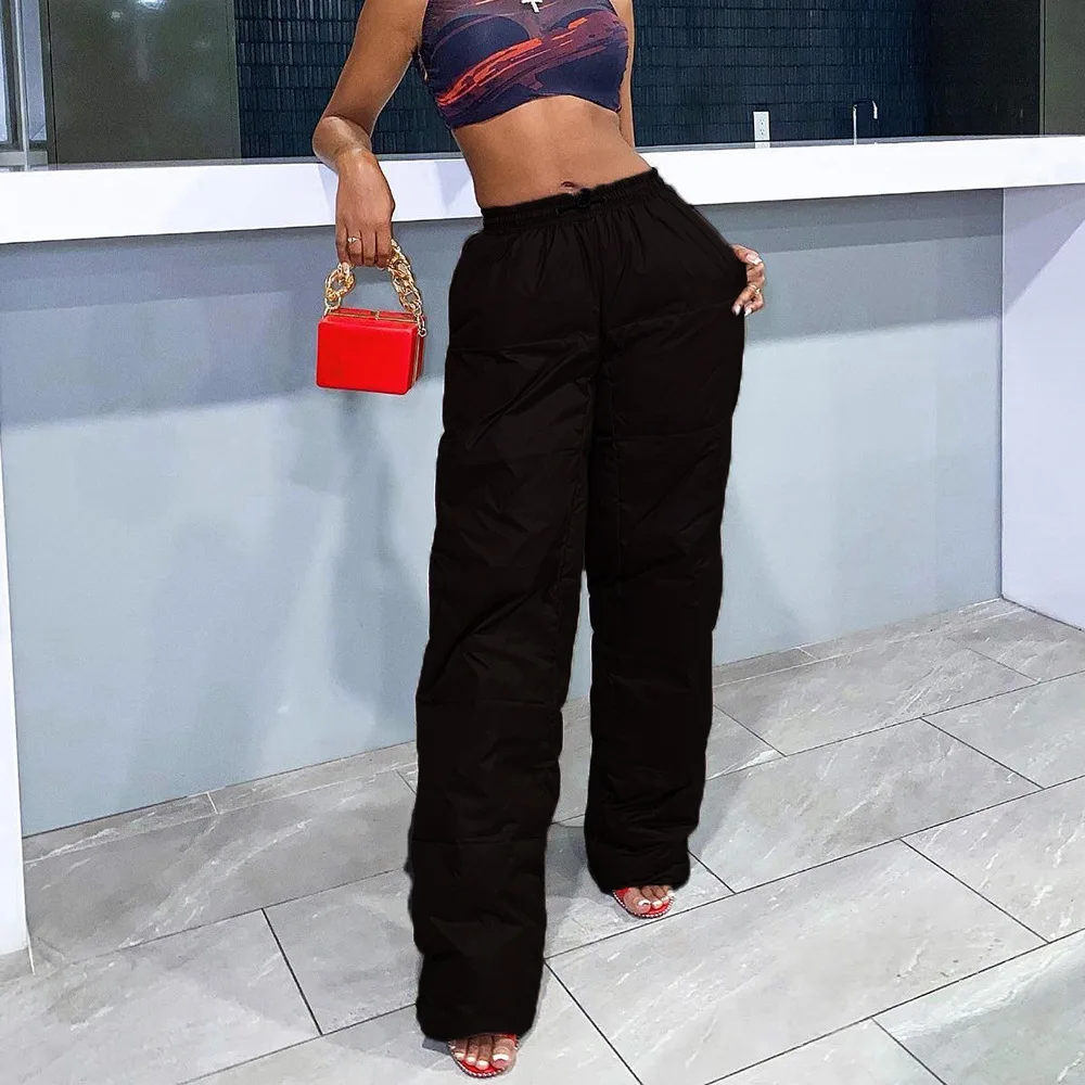 Women Drawstring Soft Wide Leg Green Pants High Waist Casual Cotton Trousers 2023 Fall Winter Thick Warm Straight Sweatpants