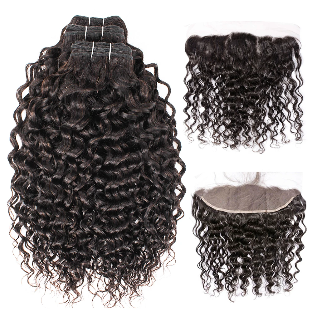 Water Wave Hair Bundles With 4x4 Lace Closure 13*4 Lace Frontal Remy Indian Human Hair Extension 300g/Lot For One Full Head