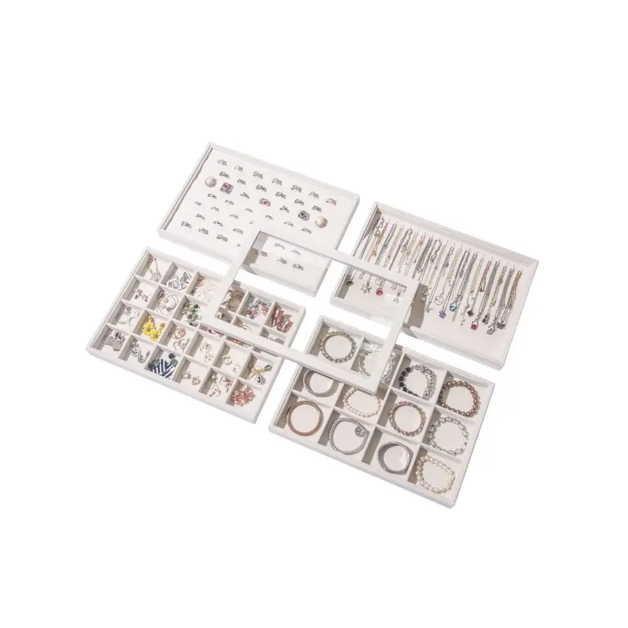 

Set of 5 Stackable Jewelry Organizer Tray Necklace Earring Box Storage Ring Bracelet Display Holder beigeringnecklace12girds24gi
