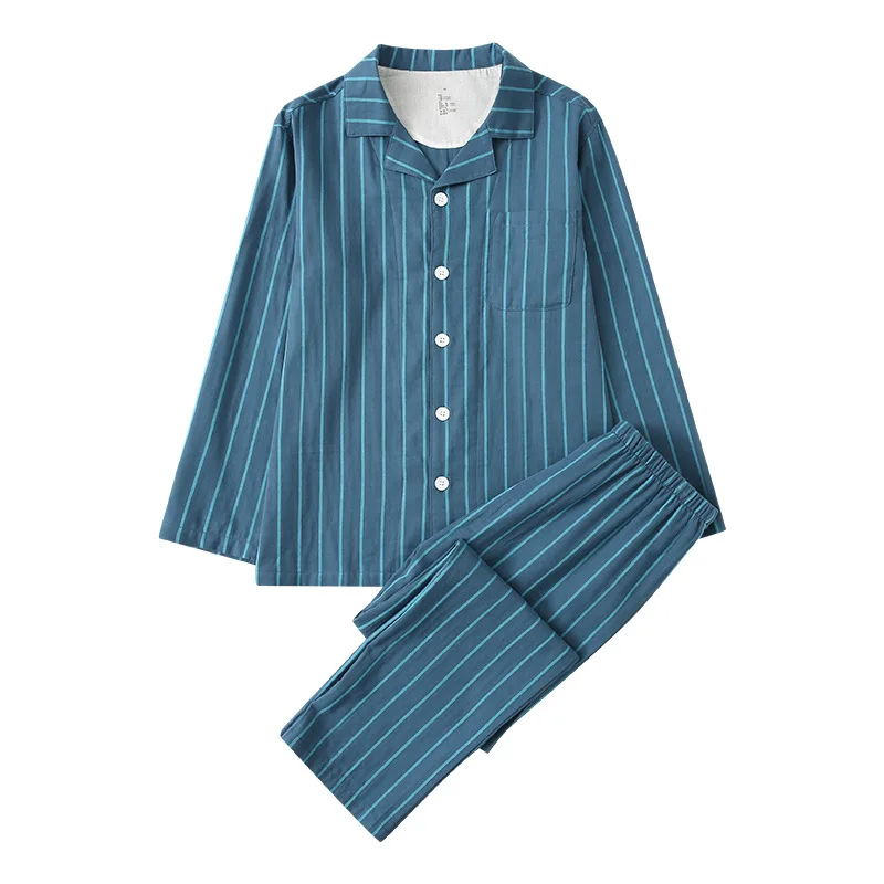 2024 Spring Autumn Men Casual Striped Pajama Sets Male 100% Cotton Sleepwear suit Long Sleeve Turn-down Collar Shirt & Pants