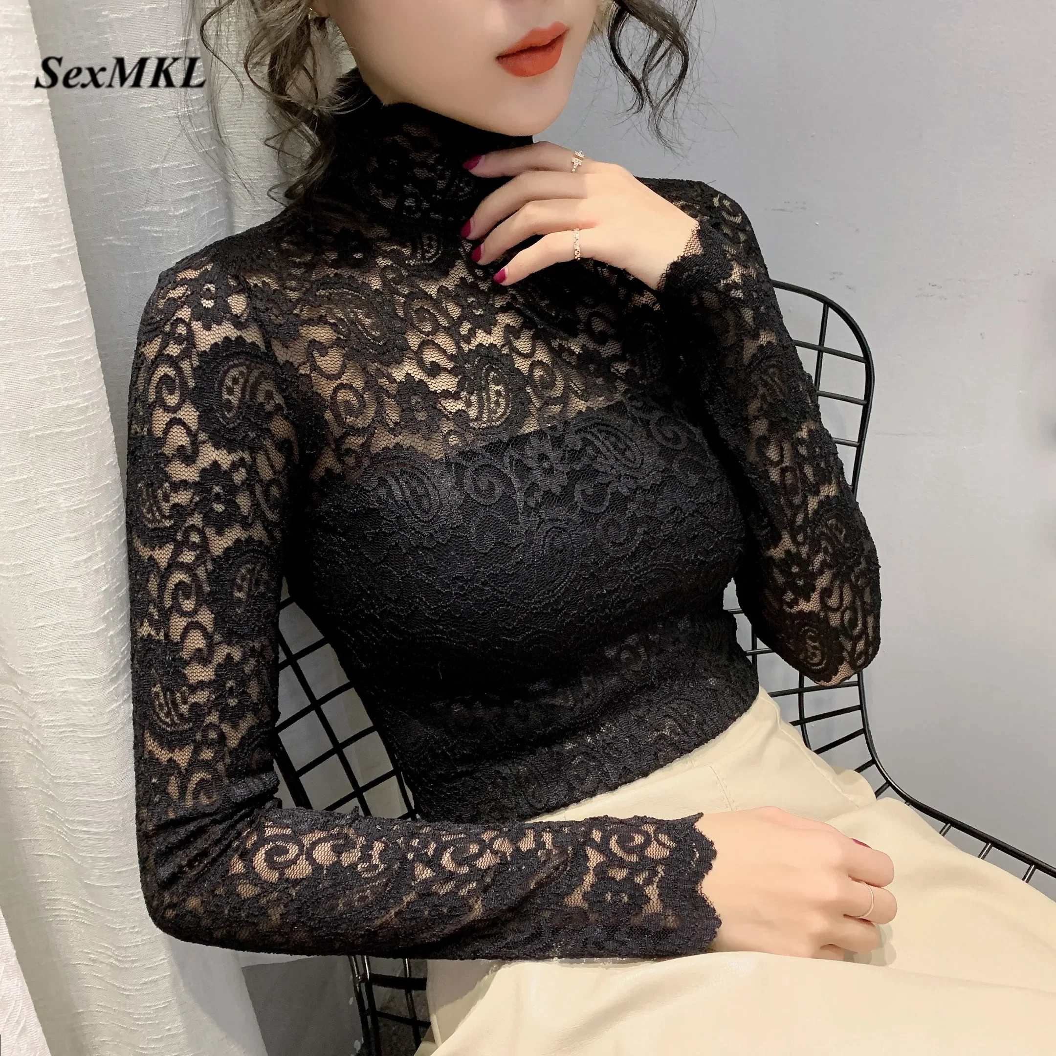 Elegant Women Lace Blouse 2024 Sexy See Through Ladies Tops Long Sleeve Clothes Summer Vintage White Shirt Streetwear Blouses