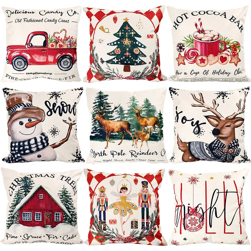 

Linen Merry Christmas Pillow Cover Winter Reindeer Snowman Elk Tree Throw Pillowcase for Home Decor Xmas Sofa Car Cushion Covers