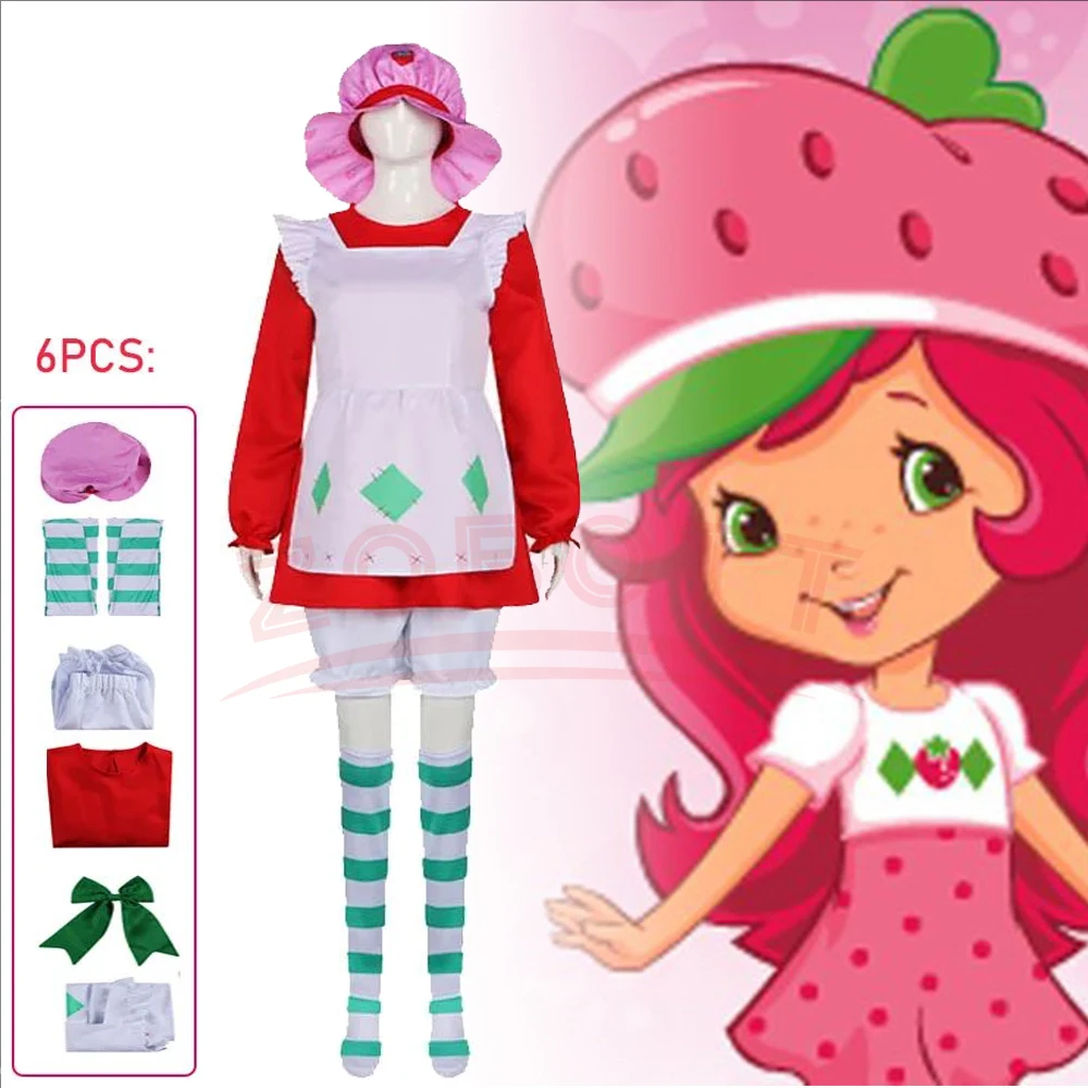 Miss Strawberry Cosplay 1980, klassisches Kostüm, Lolita-Kleid, Set mit Hut für Damen und Mädchen, Erdbeer-Shortcake-Halloween-Kleidung