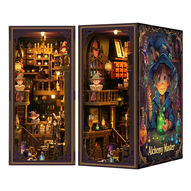

Retro Alchemy Master DIY Wooden Book Nook Figurines Miniature Kits Bookshelf Home Booked Decoration For Adult Handmade Gifts