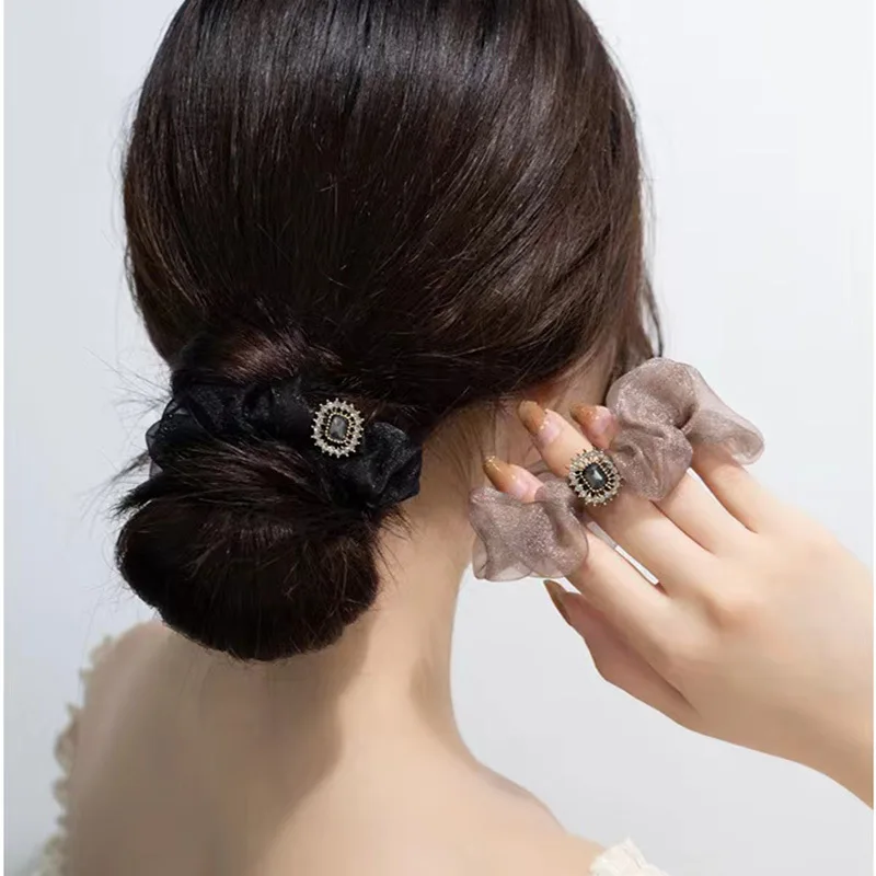 Light Luxury Pearlescent Yarn Rhinestone Large Intestine Hair Ring Korean Temperament Hair Rope Organza Quality Hair Accessories