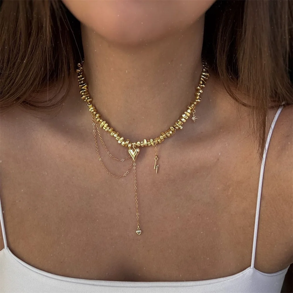 Gothic Heart & Star Beaded Choker Gold Plated Tassel Fringe Necklace Y2K Aesthetic Stackable Jewelry for Party