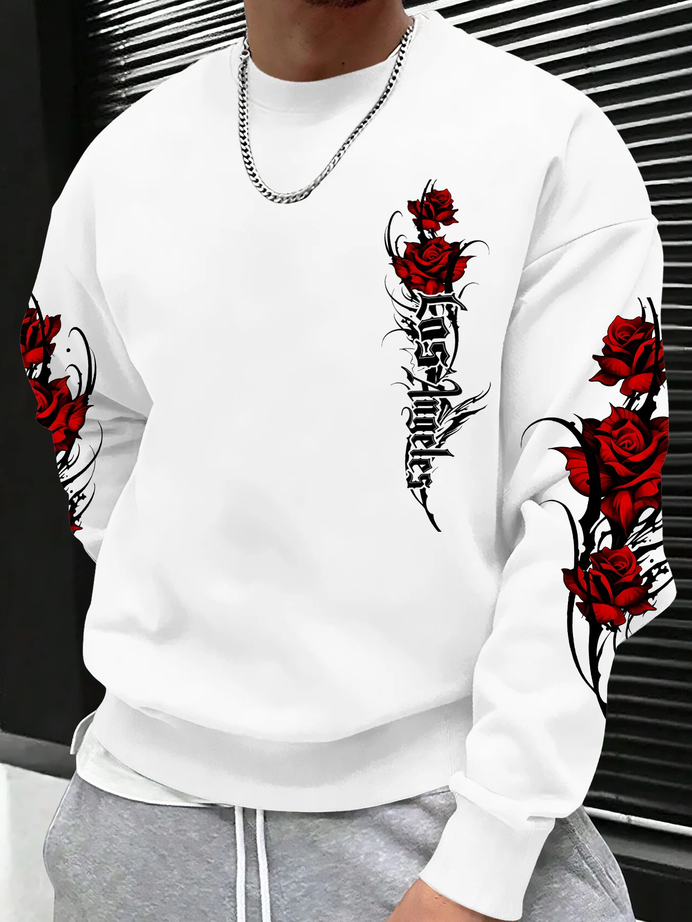 Men's Oversized Drop Shoulder Sweatshirt, Red Flower & Gothic Text Print, Streetwear Pullover