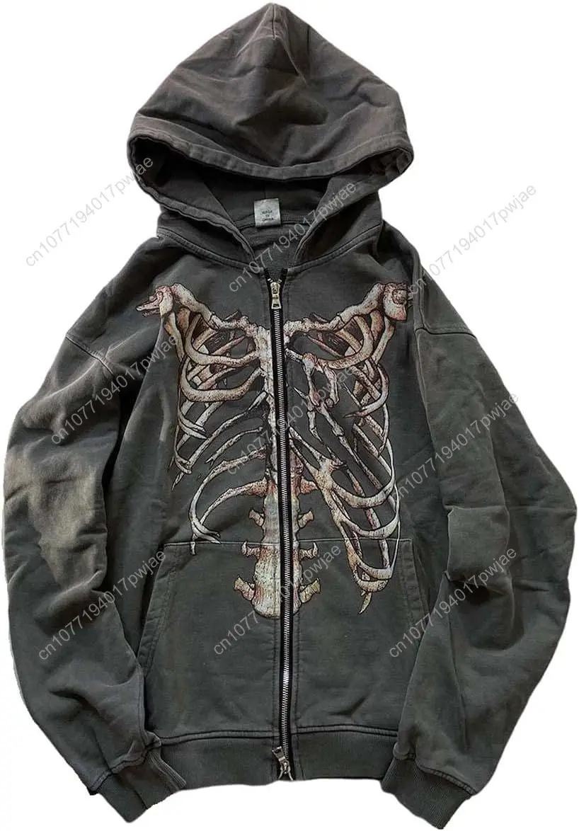 

MLAFE Gothic Hooded Sweater Retro Bone Print Hooded sweatshirt Y2K zip-up jacket Grunge Hooded Sweater Harajuku upper garment