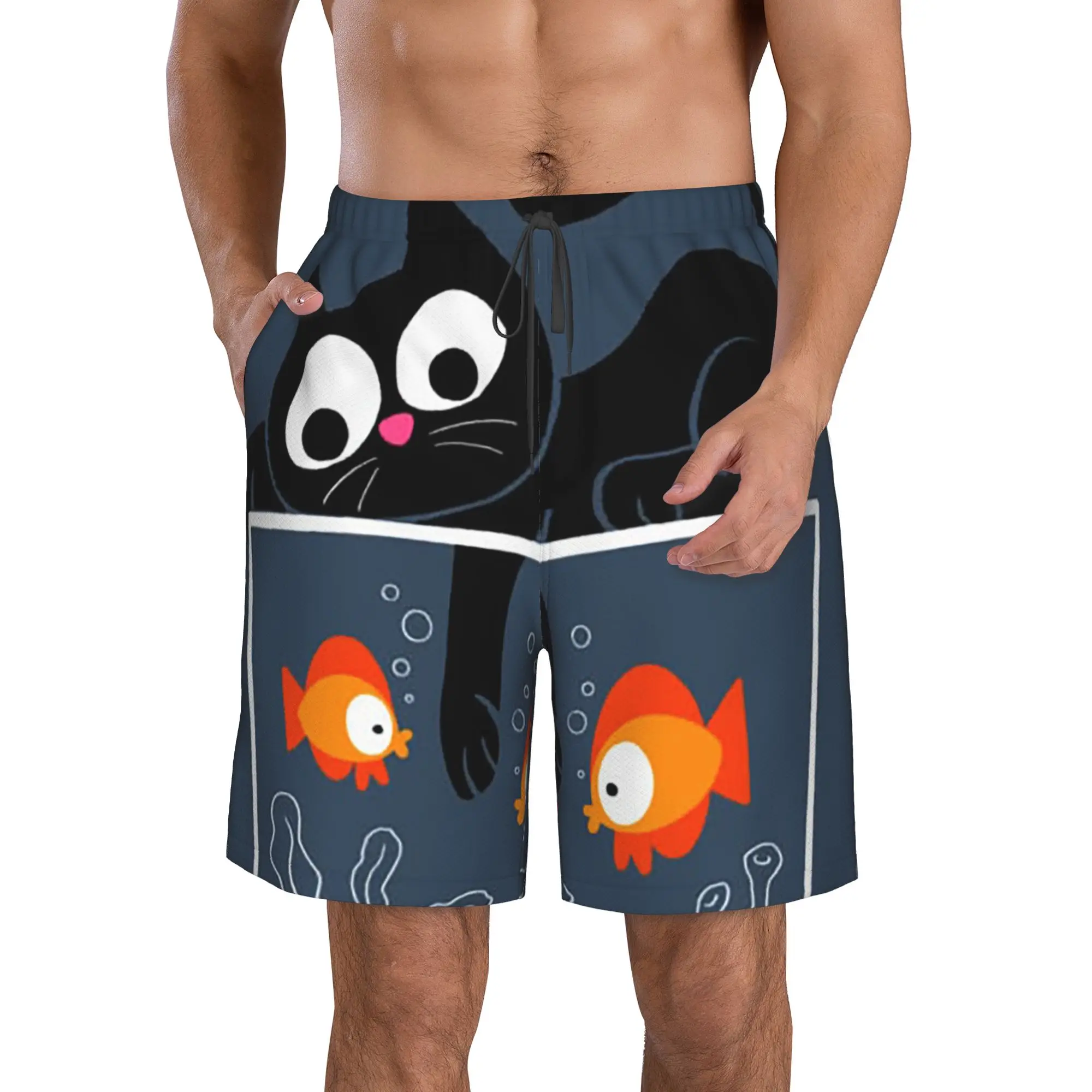 Black Cat Peeking Into Water Staring at Swimming Small Fish Trunks Beach Board Shorts Casual Quick Dry Swim Summer Men Pants