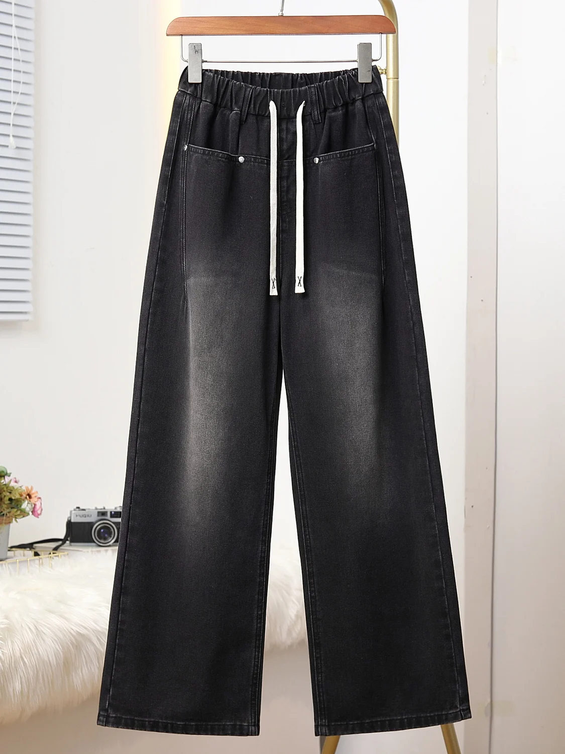 

Женские повседневные прямые джинсы больших размеров, удобные широкие брюки с высокой талией, смесь хлопка, весна 2026, эффект похудения