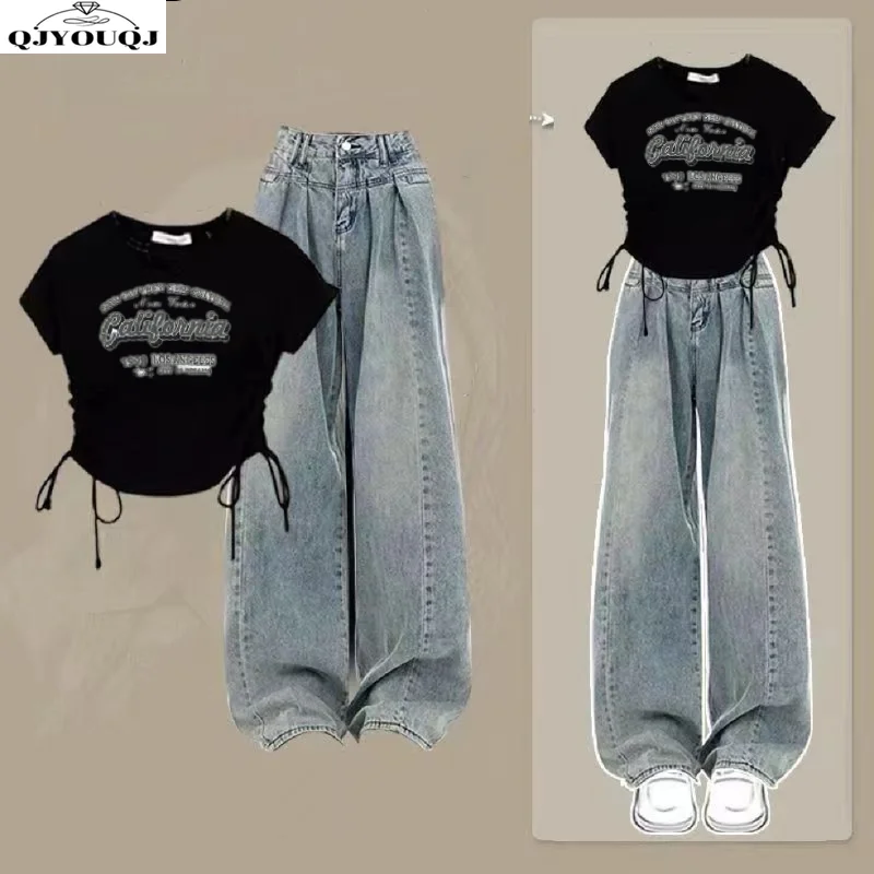 Koreaanse Stijl Nieuwe Zomer Dames Trekkoord Korte Mouwen T-Shirt Sweet Cool Set Hoge Taille Amerikaanse Retro Jeans Tweedelige Set