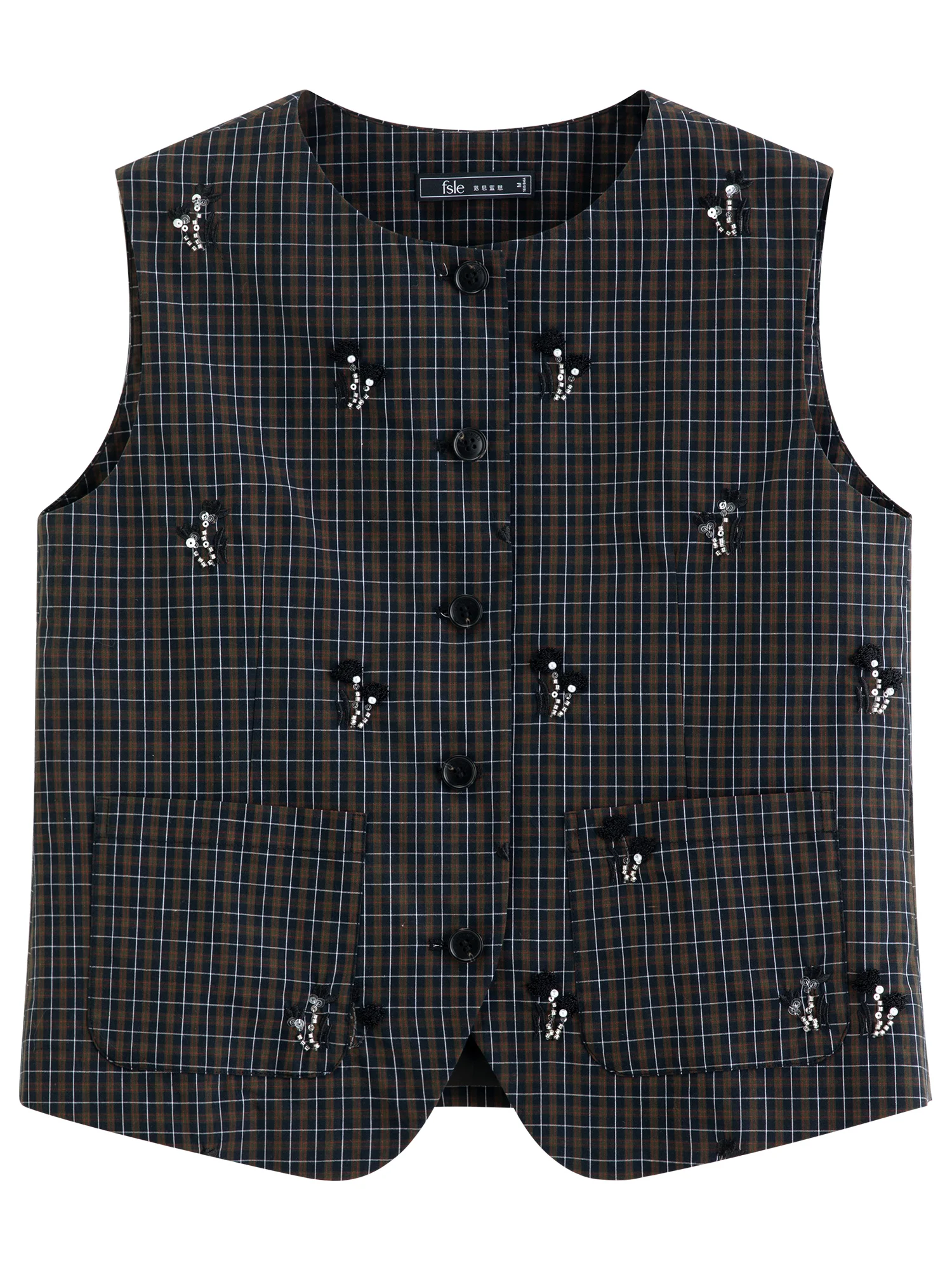 FSLE 【Premium-Serie】 Damen-Set aus schwarzem Tweed mit Perlen und Karomuster, Weste und Rock, Sommer 2026, Neu, Vintage-Stil | Elegantes Damen-Zweiteiler-Outfit – Detail 13